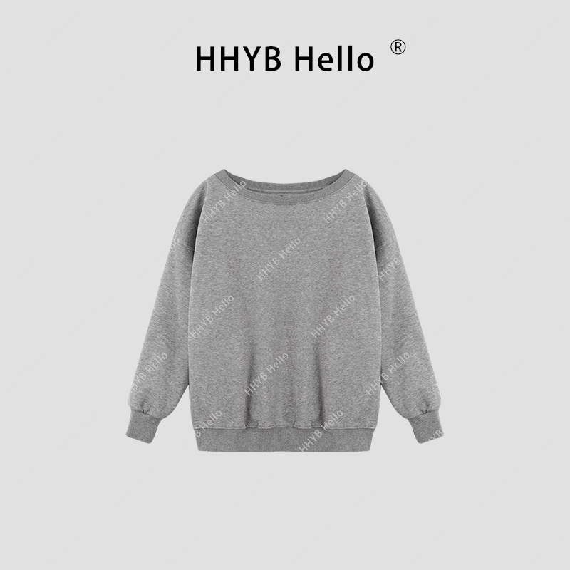 HHYB Hello露肩灰色斜肩卫衣一字肩女2024慵懒风松弛感上衣H70003