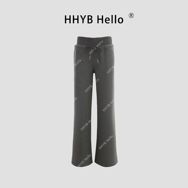 HHYB Hello内里磨毛宽腰头抽绳休闲卫裤拖地直筒拖地长裤Q244278