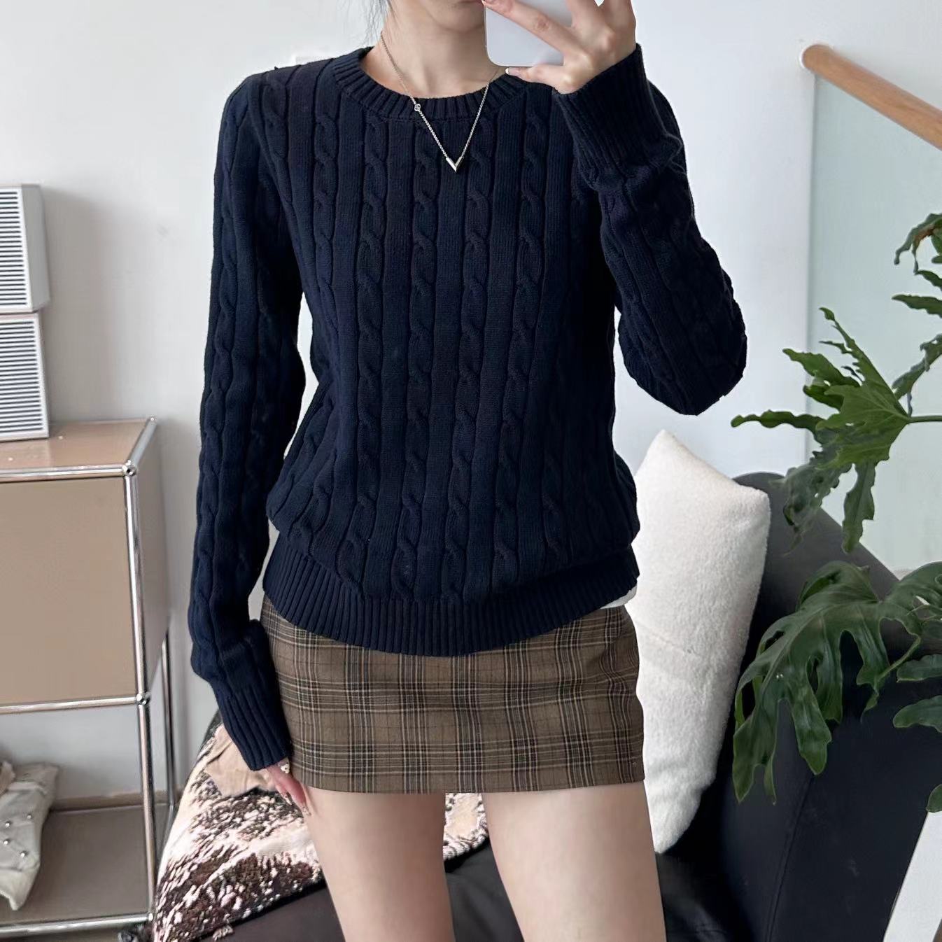 HHYB Hello复古麻花针织毛衣纯棉基础百搭学院风圆领长袖上衣M557