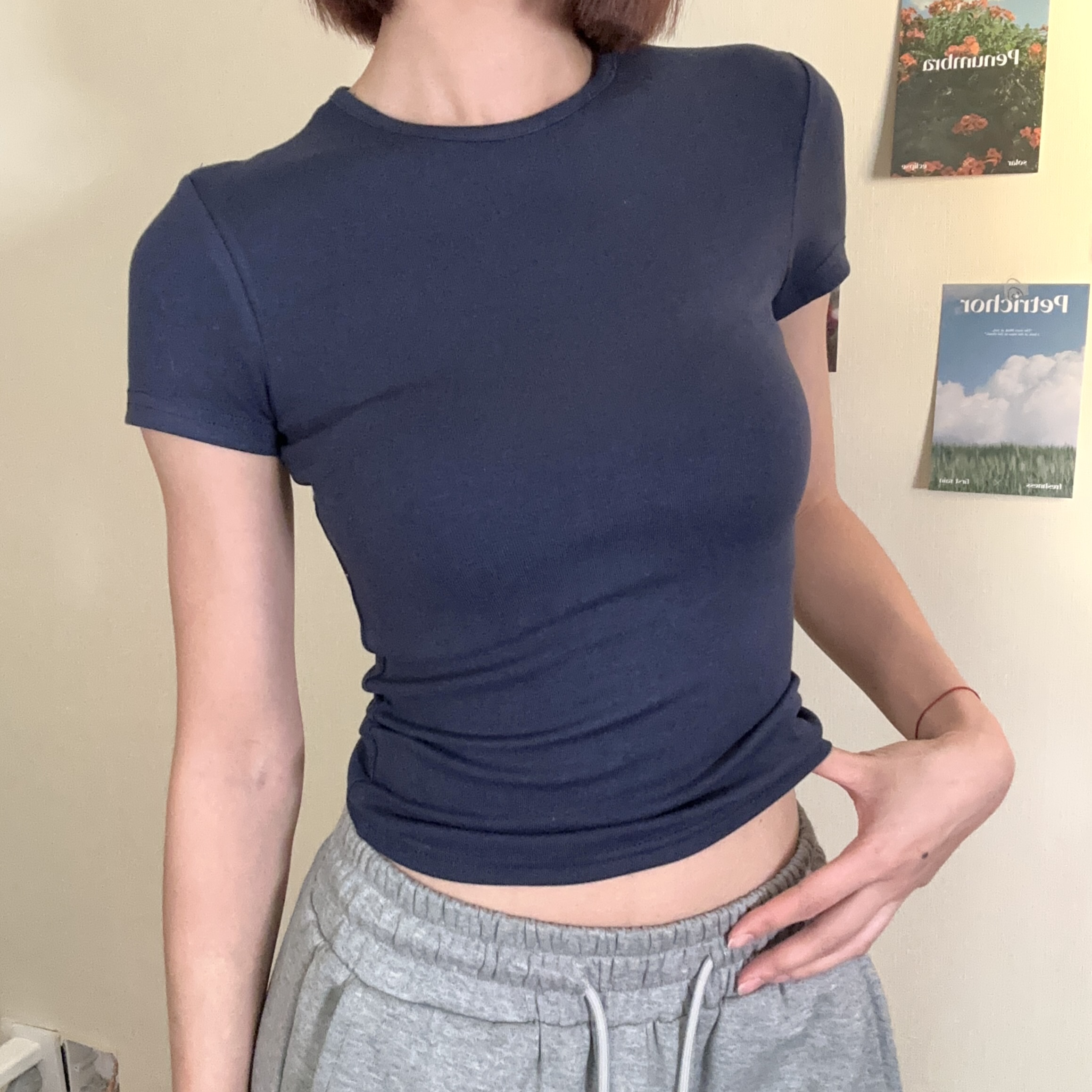 HHYB Hello春夏季2025新款圆领宽松弹力短袖t恤女小众小上衣8738