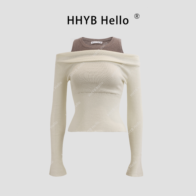 HHYB Hello【YD】修身显瘦百搭假两件一字肩长袖针织衫M684