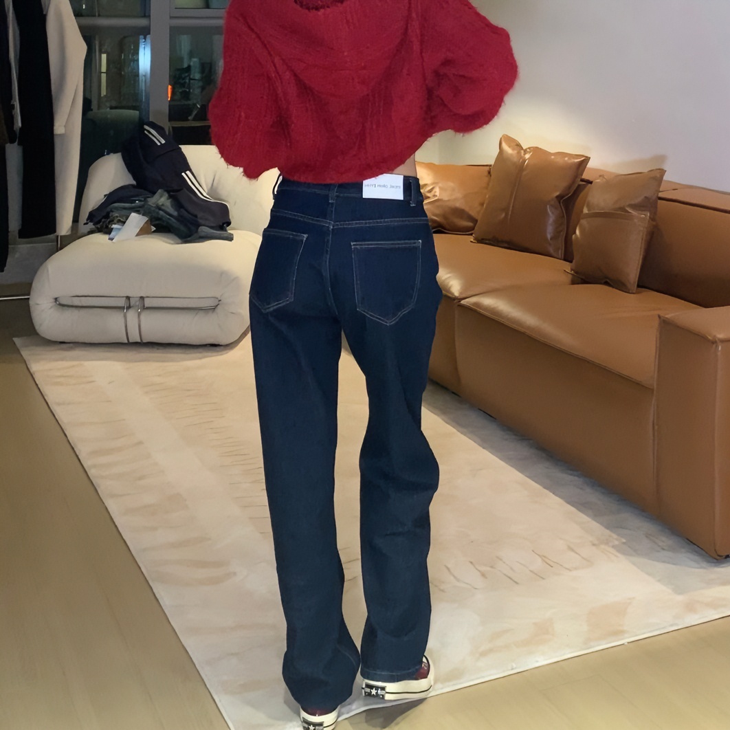 HHYB Hello【Jennie同款】中高腰宽松直筒显瘦设计感韩版牛仔裤Q865