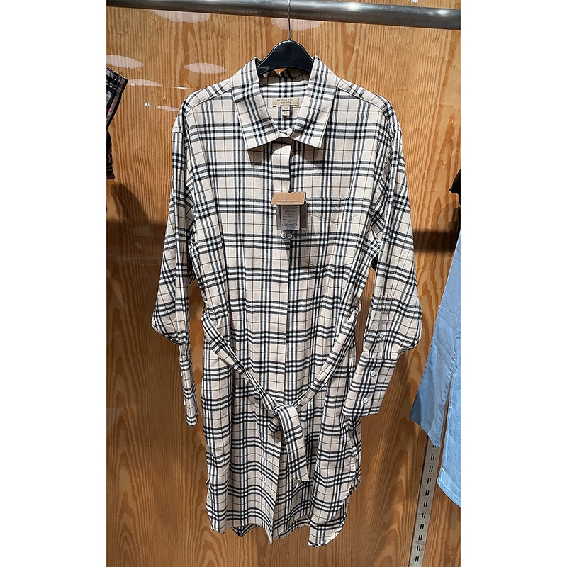 【美国发货】Burberry UK10码 休闲格纹长袖衬衫裙 女款 米色