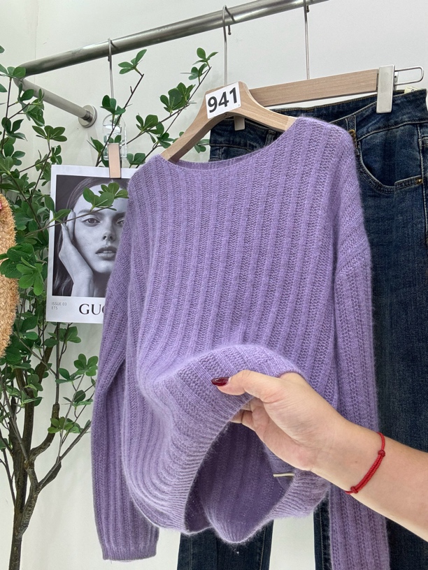 欧货一字领高级感紫罗兰长袖针织绵羊毛衫衣女2025季新款上衣潮