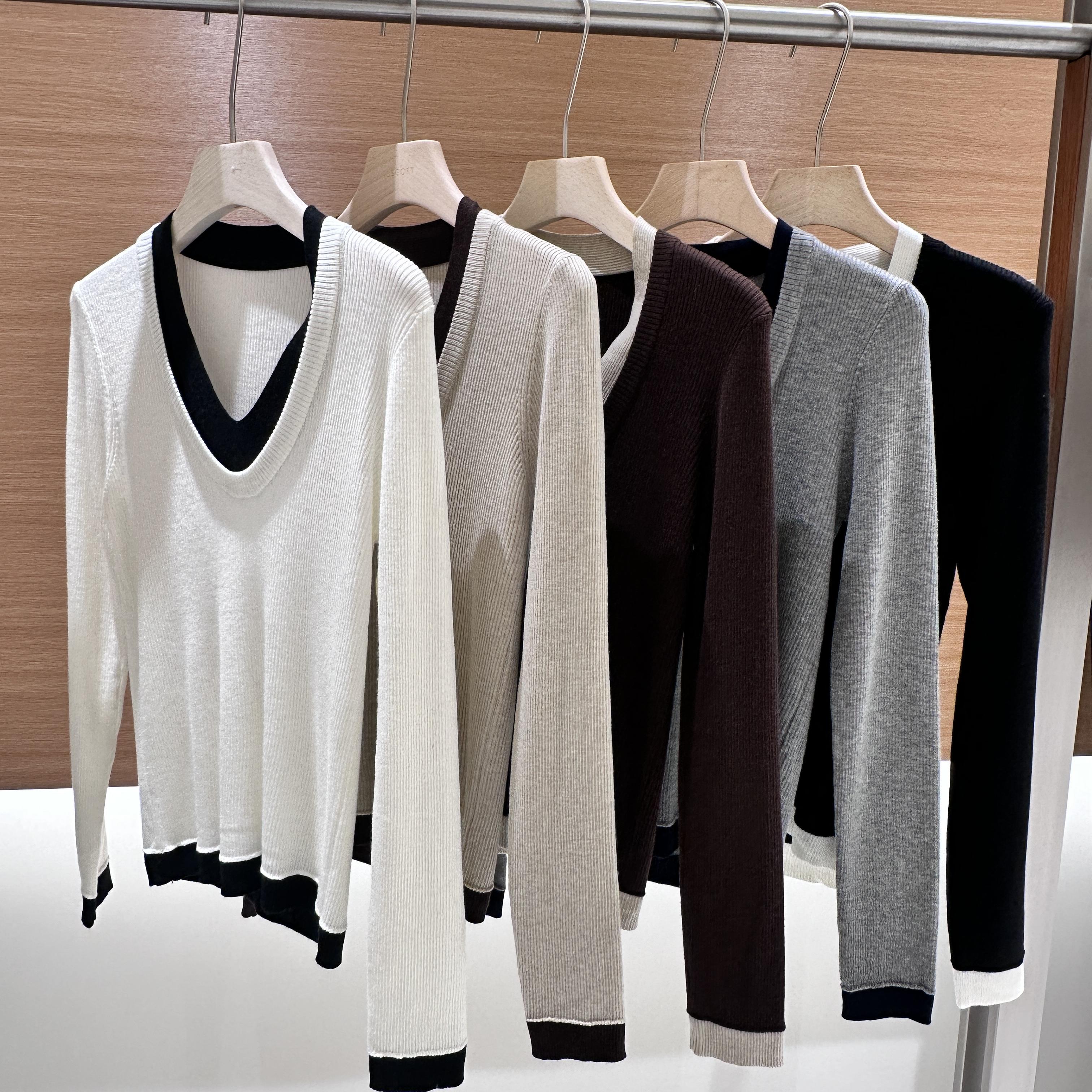 双V领假两件长袖套头叠穿内搭针织衫女上衣2735