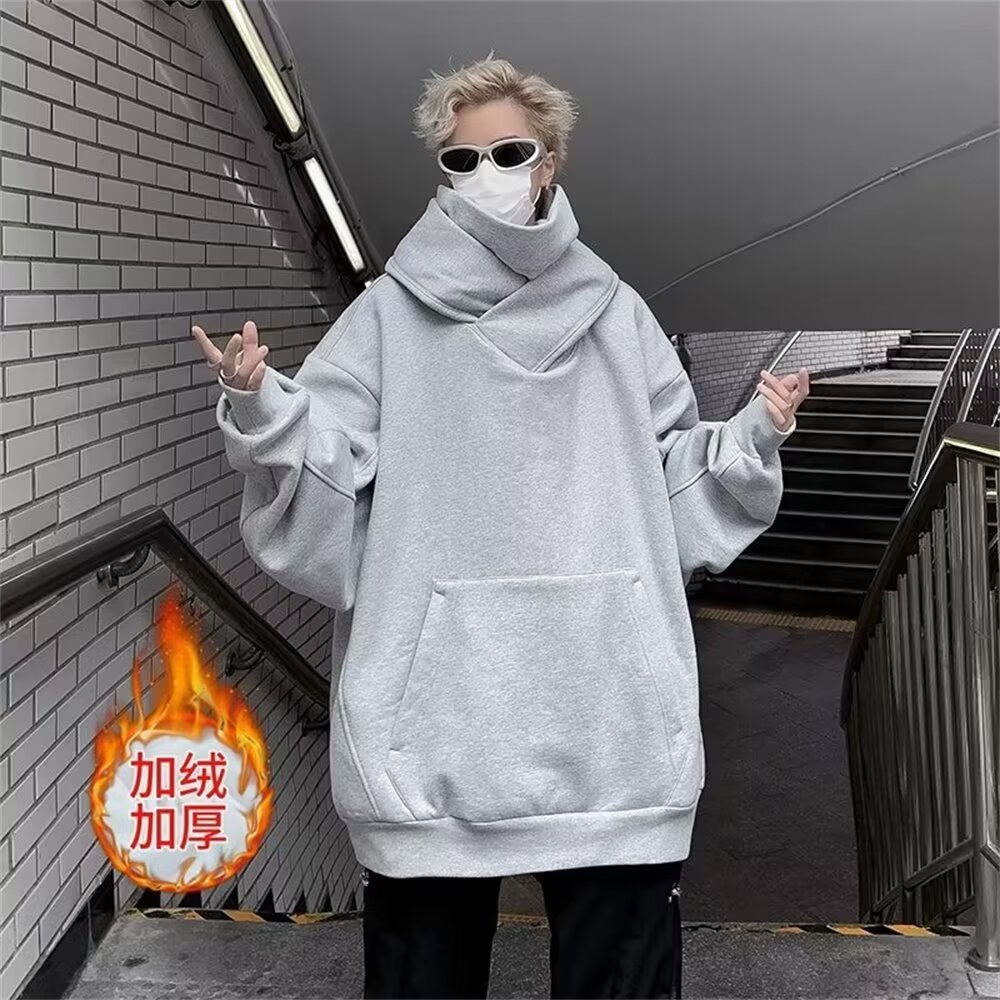 设计感堆堆高领冲锋卫衣男500g重磅厚重感黑武士加绒外套