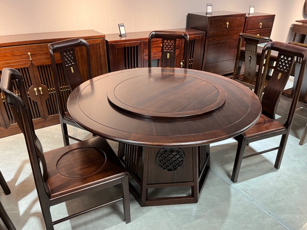 新中式实木圆桌加餐椅，乌金木餐桌椅轻奢家用