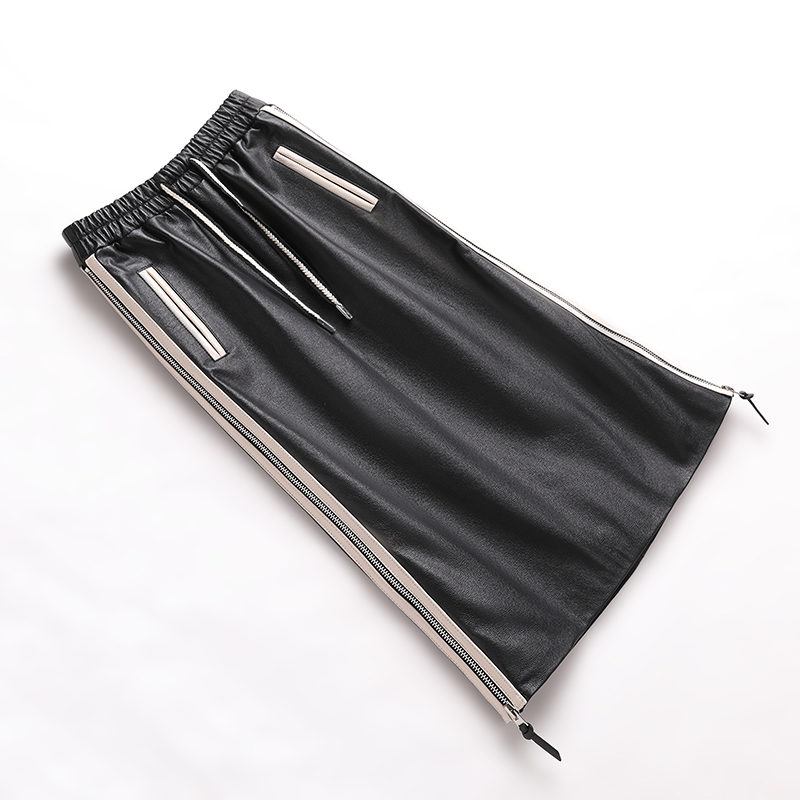 E3-22 头层牛皮真皮松紧腰半身裙女2023秋冬新款百搭休闲直筒时尚