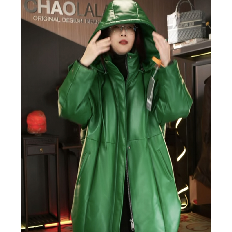 ACY-3213 高定绵羊皮真皮衣女中长款白鹅绒羽绒服外套连帽大衣 