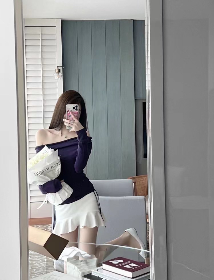 简爱女装 一字肩抽绳针织上衣 5296
