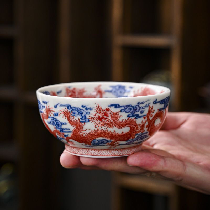 景德镇陶炎匠堂陶瓷主人杯矾红九龙普洱杯单杯品茗杯功夫茶釉下