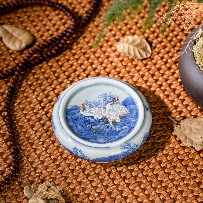 景德镇七丞堂仿古泥青花海水仙鹤杯垫盖托手工实心陶瓷盖碗壶盖至