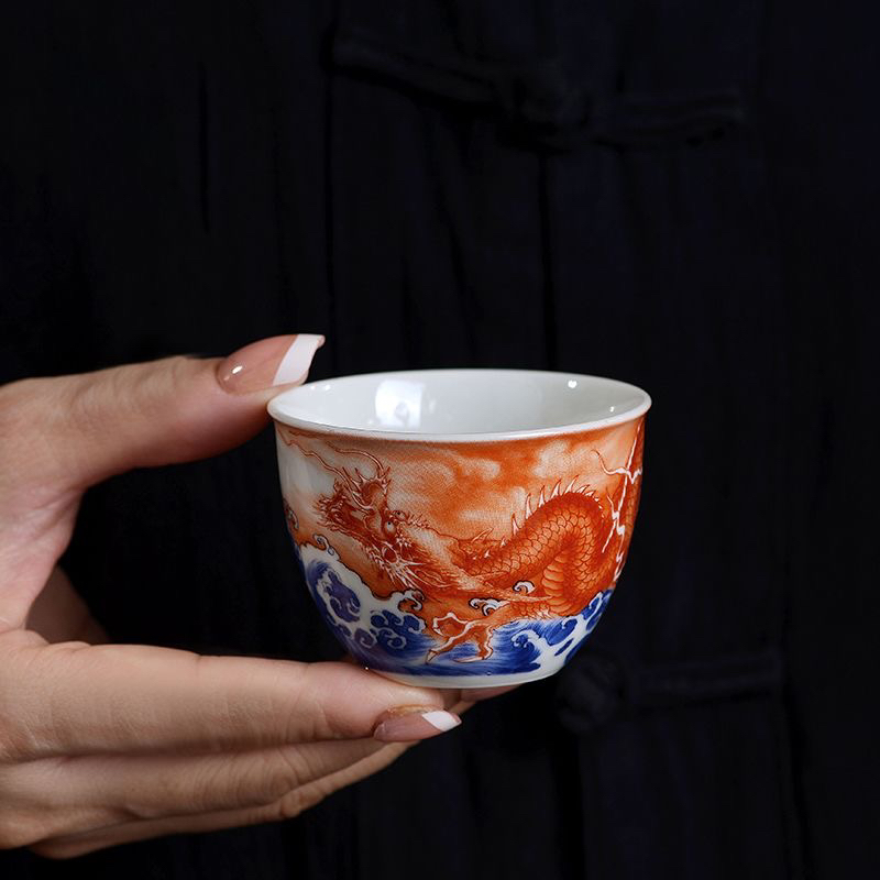 景德镇峰胜堂矾红龙纹主人杯家用陶瓷个人杯中式品茗杯会客茶杯