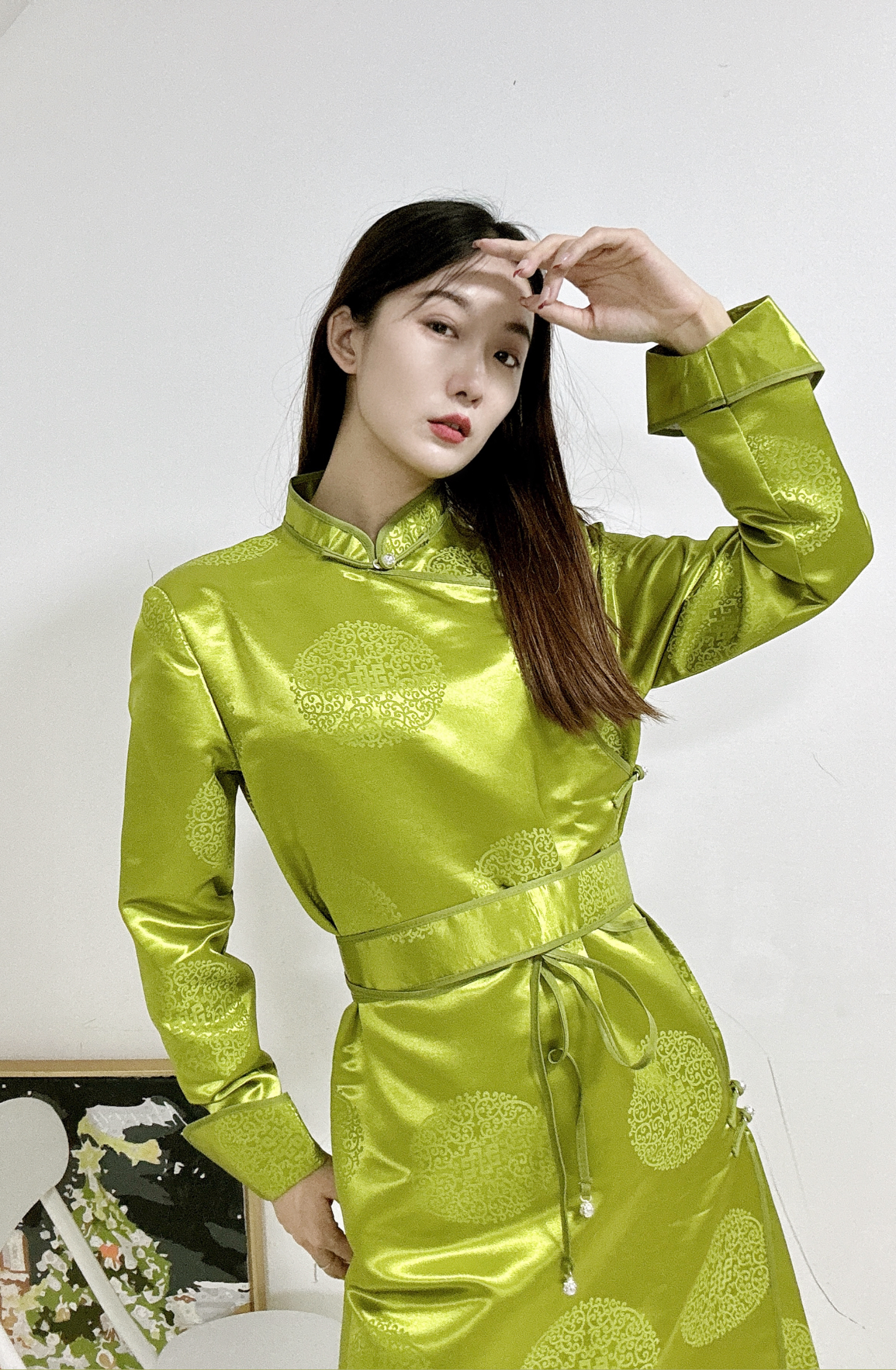 情侣款｜女士｜蒙古传统长袍 纯色缎面大团花