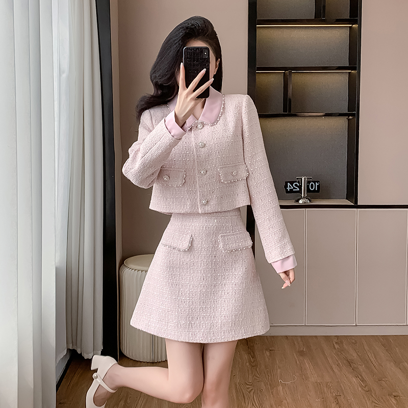 2024秋冬新款高级感娃娃领钉珠粗花呢小香风甜美两件套气质时尚