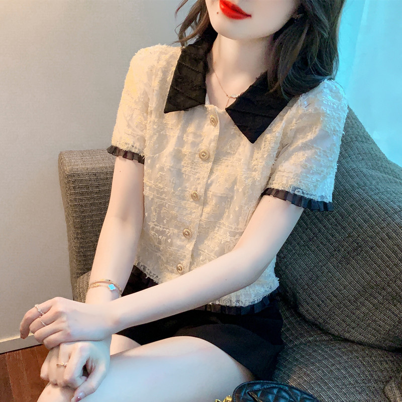 2024夏季新款法式气质拼接娃娃领小众衬衫女泡泡袖短款设计感上衣