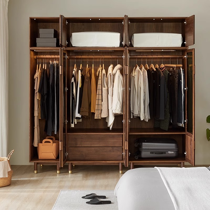 实木衣柜家用卧室储物收纳柜北欧轻奢复古日式北美黑胡桃木质衣橱