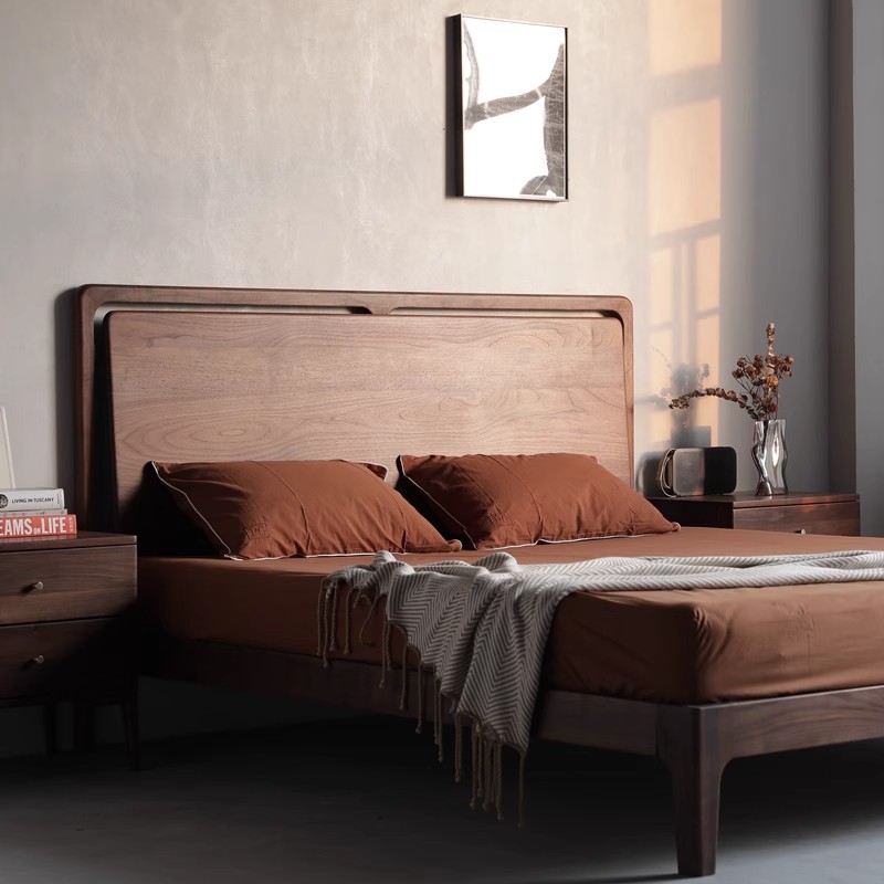 北欧全实木床北美黑胡桃木现代简约新中式大靠背主卧双人床1.8米m