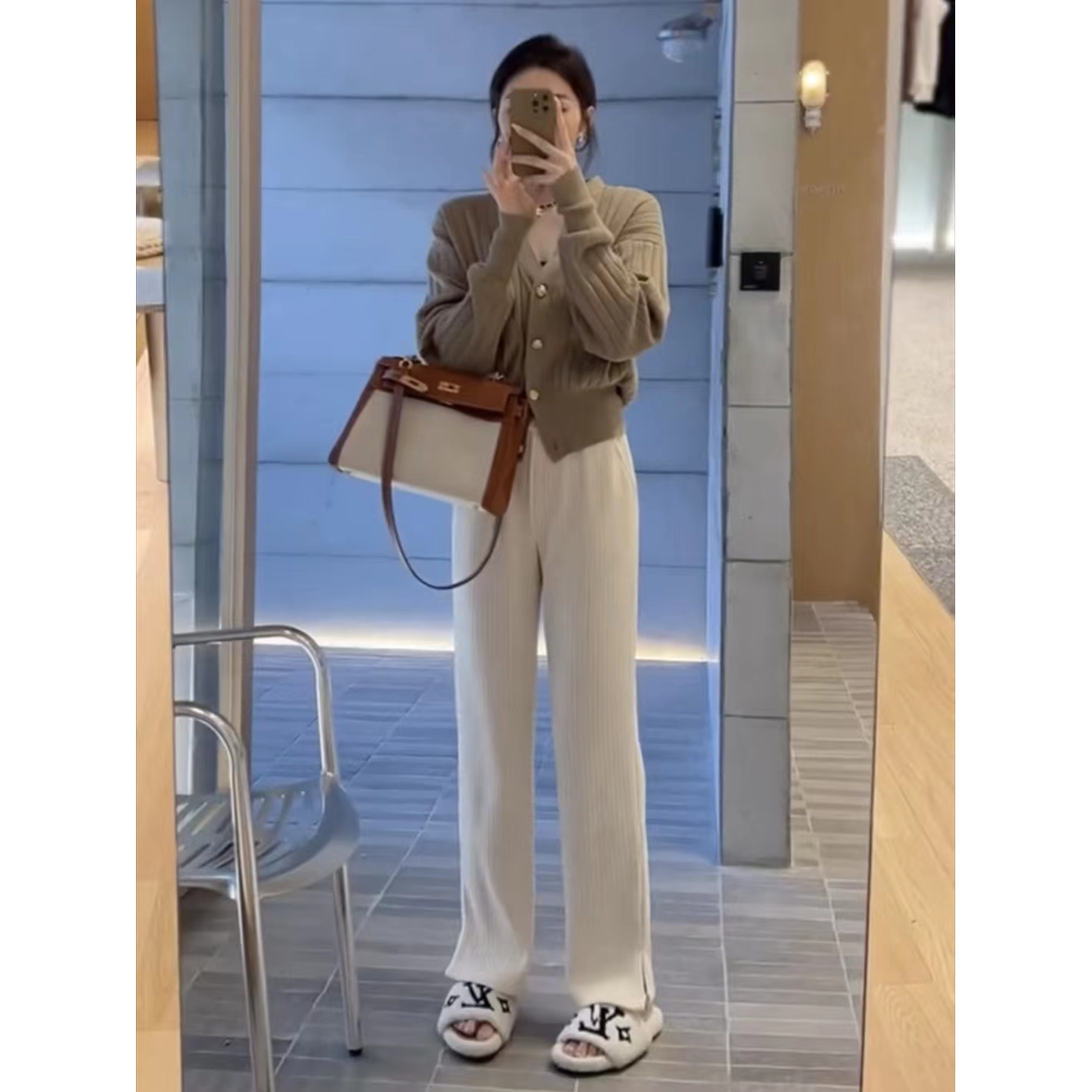 开叉裤女春秋雪尼尔休闲裤子女秋冬加绒加厚坑条冬季外穿直筒长裤