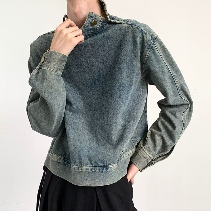 设计师新款秋季复古个性短款外套牛仔上衣男宽松立领设计感夹克潮