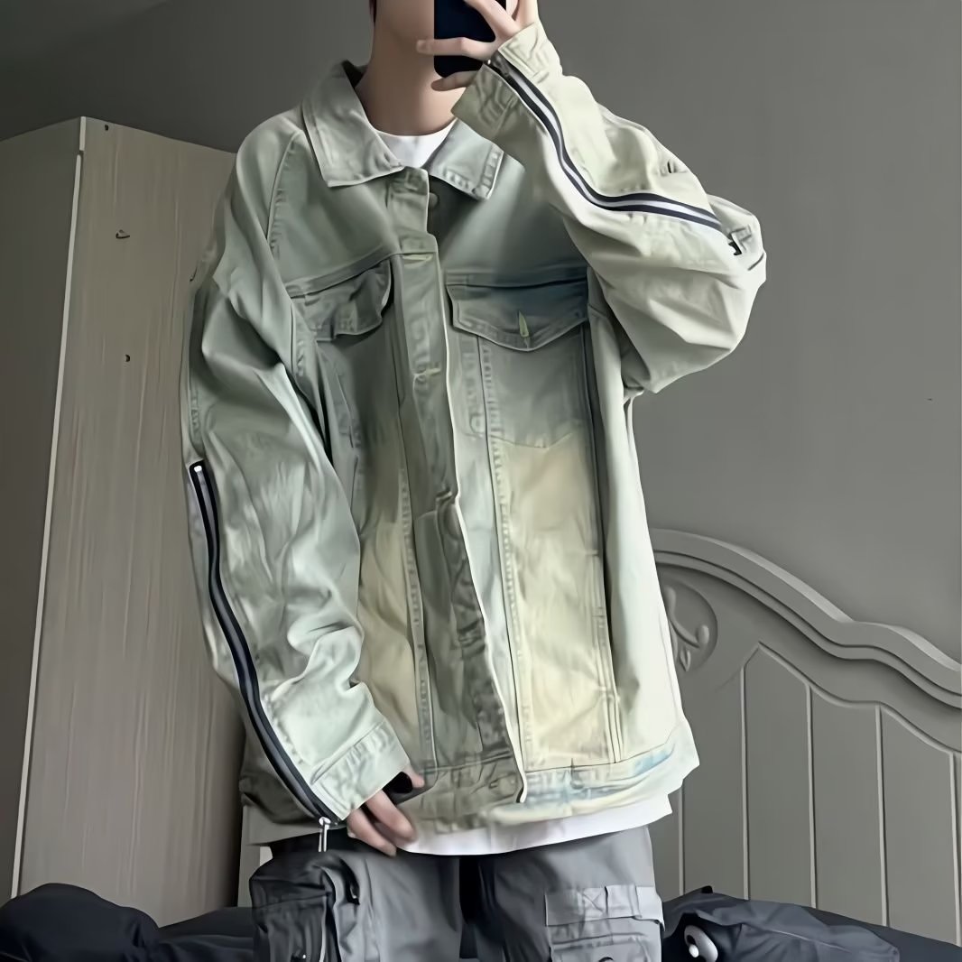 美式复古牛仔外套小众潮牌工装百搭做旧慵懒高街休闲简约拉链夹克