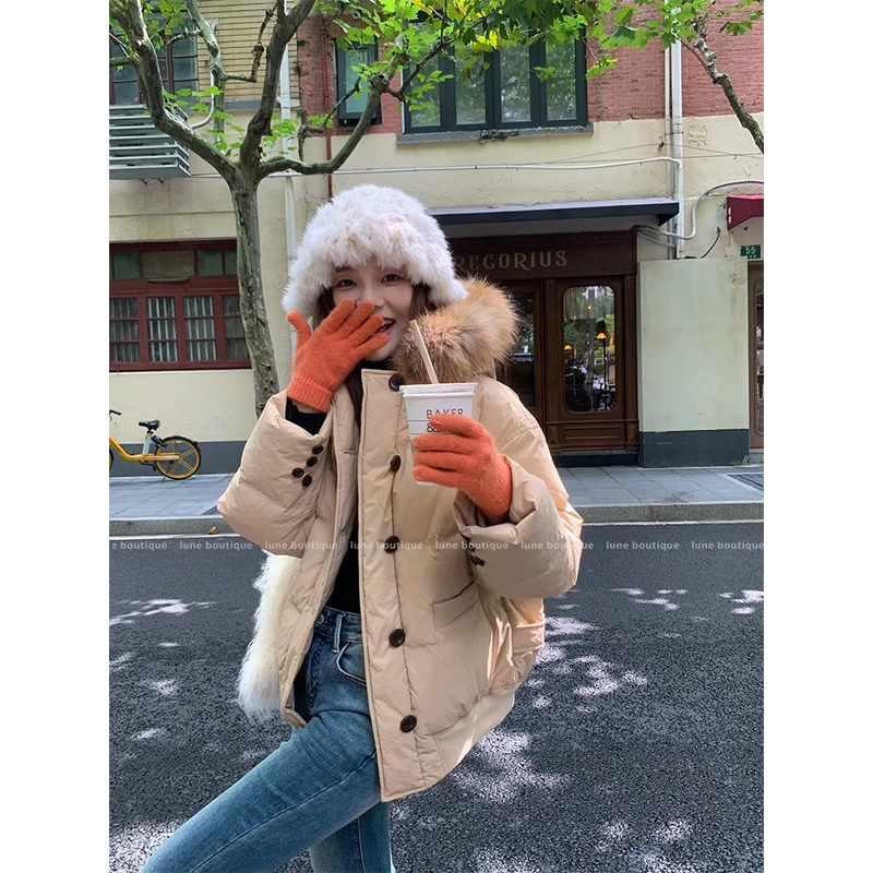 大毛领短款羽绒服女2025冬季新款貉子毛小个子宽松白鸭绒外套冬