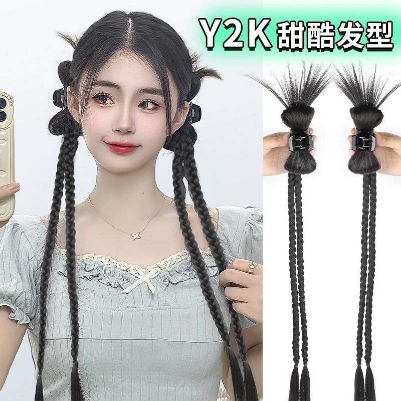 辫子女双马尾y2k辣妹蝴蝶结鸡毛抓夹毽子头拳击辫多巴胺女孩甜酷
