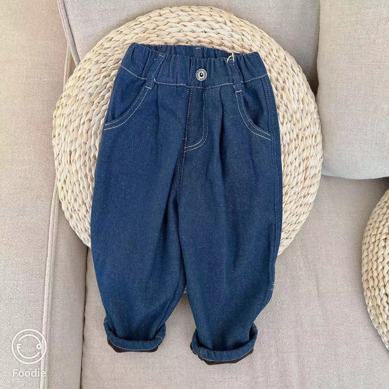 【JMJQ 23836】秋冬季韩版中小童侧车标一体绒加厚不掉色牛仔长裤