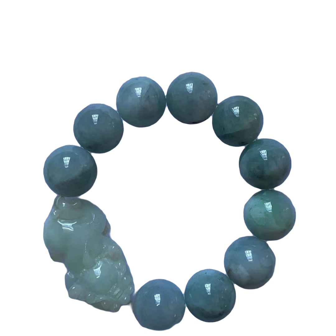 天然缅甸翡翠A货18mm大珠子加貔貅玉手串