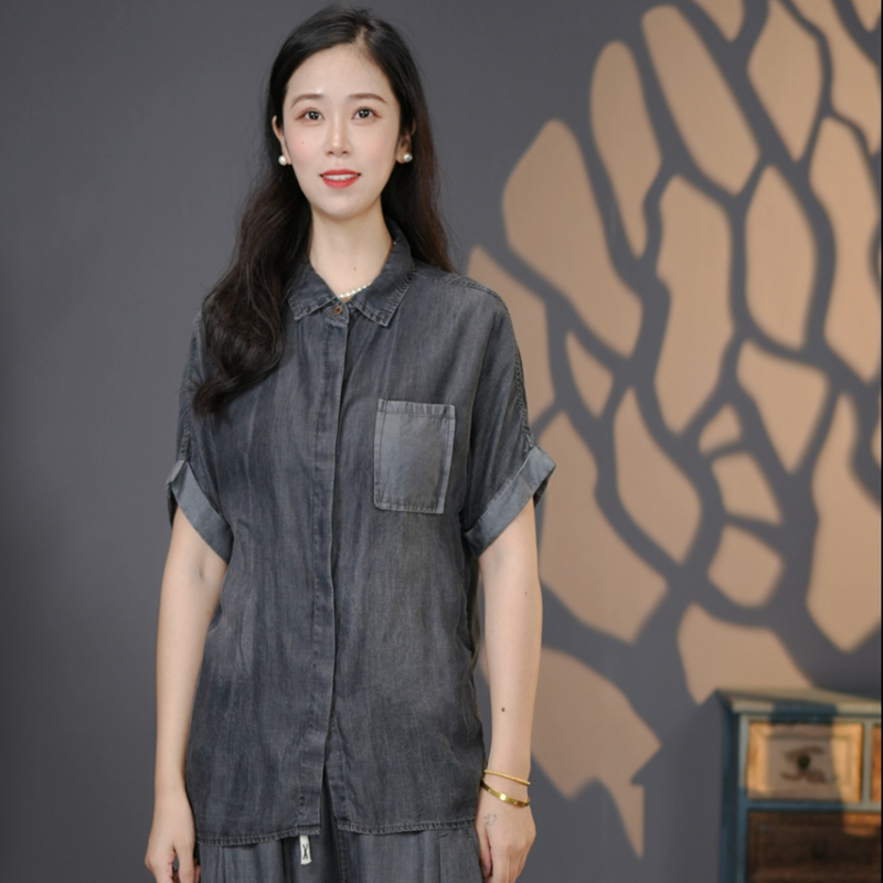 8709黑#2024夏季宽松显瘦休闲牛仔衬衫水洗透气牛仔上衣外套女