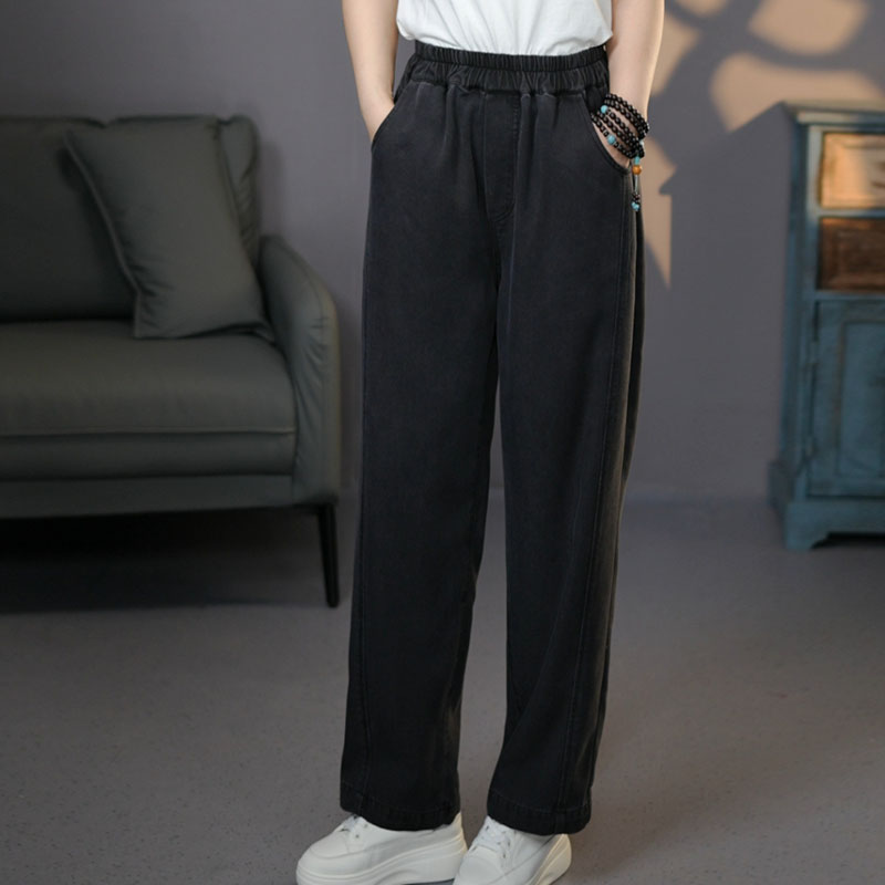 6750黑#天丝松紧牛仔裤大码显瘦休闲裤阔腿薄款宽松松紧腰冰丝裤