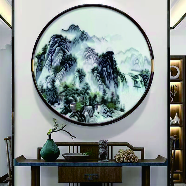 圆形苏绣直径100餐厅画新中式客厅饭厅装饰画实木高端刺绣成品画