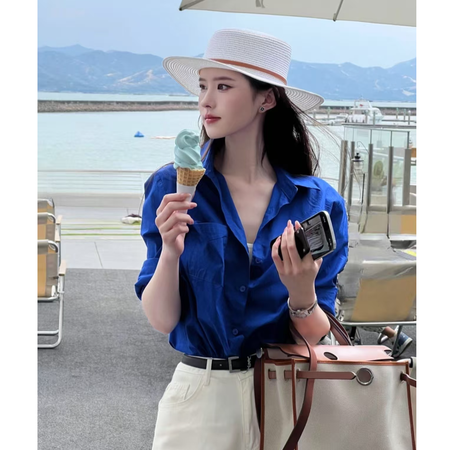克莱因蓝色衬衫女秋季轻奢风POLO领衬衣法式气质内搭休闲上衣