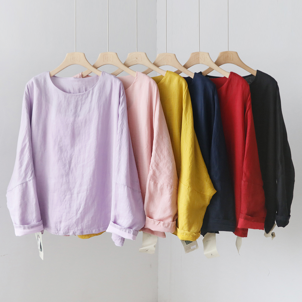 文艺双层落肩袖苎麻小衫 秋冬宽松显瘦纯色圆领上衣衬衫 4SP265