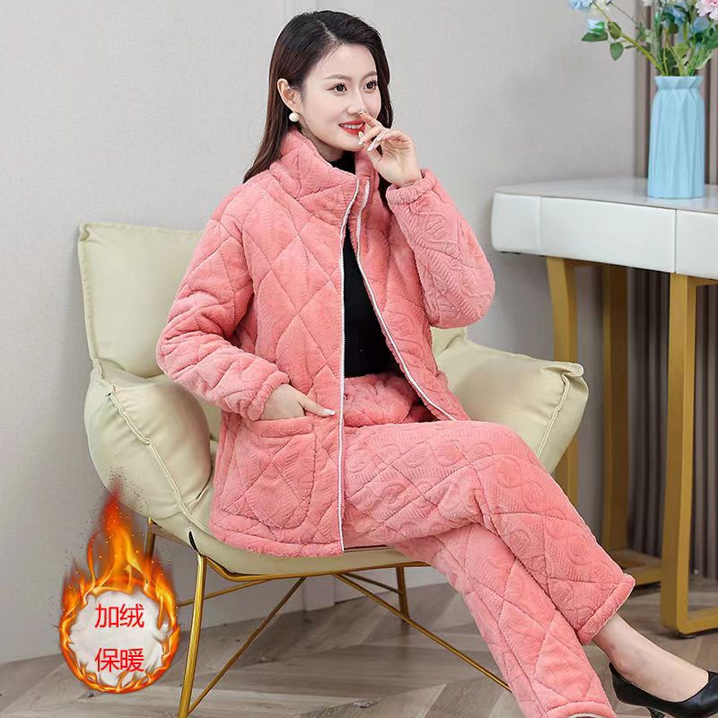 三层加厚牛奶绒夹棉睡衣女式冬加绒保暖中年青年家居服套装拉链款