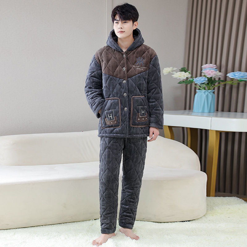 男士冬季休闲时尚三层加绒加厚夹棉睡衣家居服套装可外穿