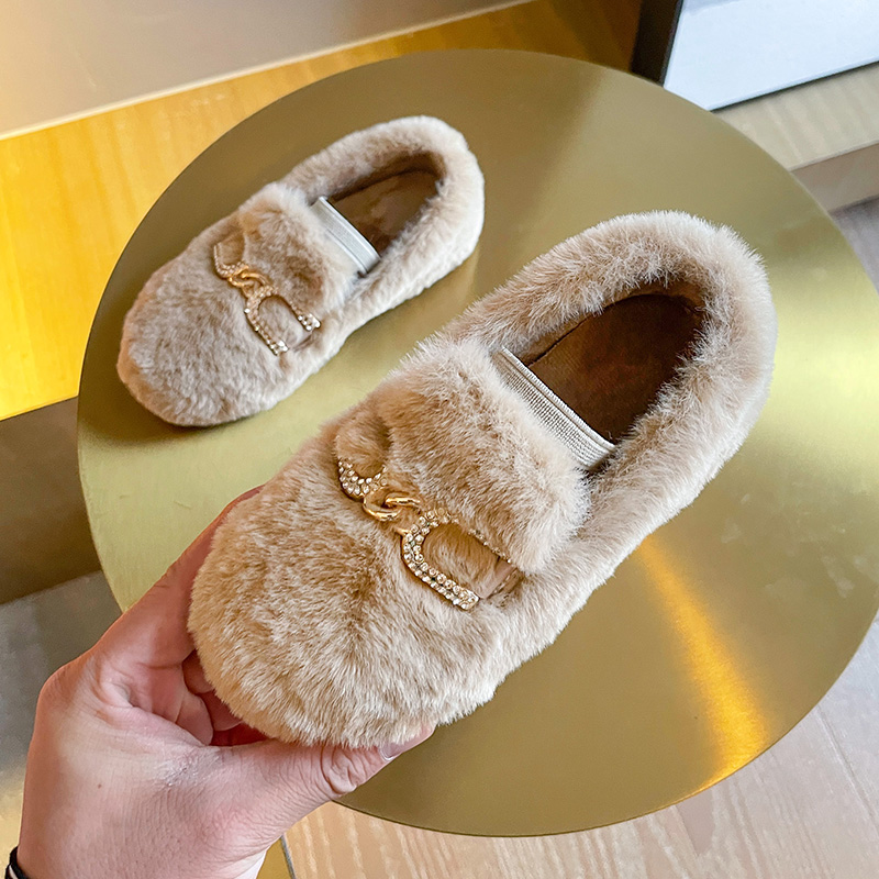 儿童加绒毛毛鞋时尚百搭豆豆鞋平底鞋学步鞋冬季新款宝宝鞋YNK11