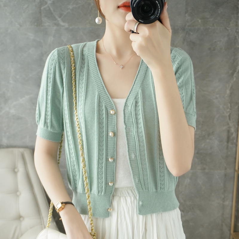 夏季纯棉精纺女士v领短袖针织开衫高腰短款镂空薄款纯色防晒衫