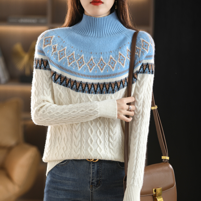 费尔岛系列2025秋冬加厚纯羊毛女半高领毛衣提花撞色羊毛针织衫
