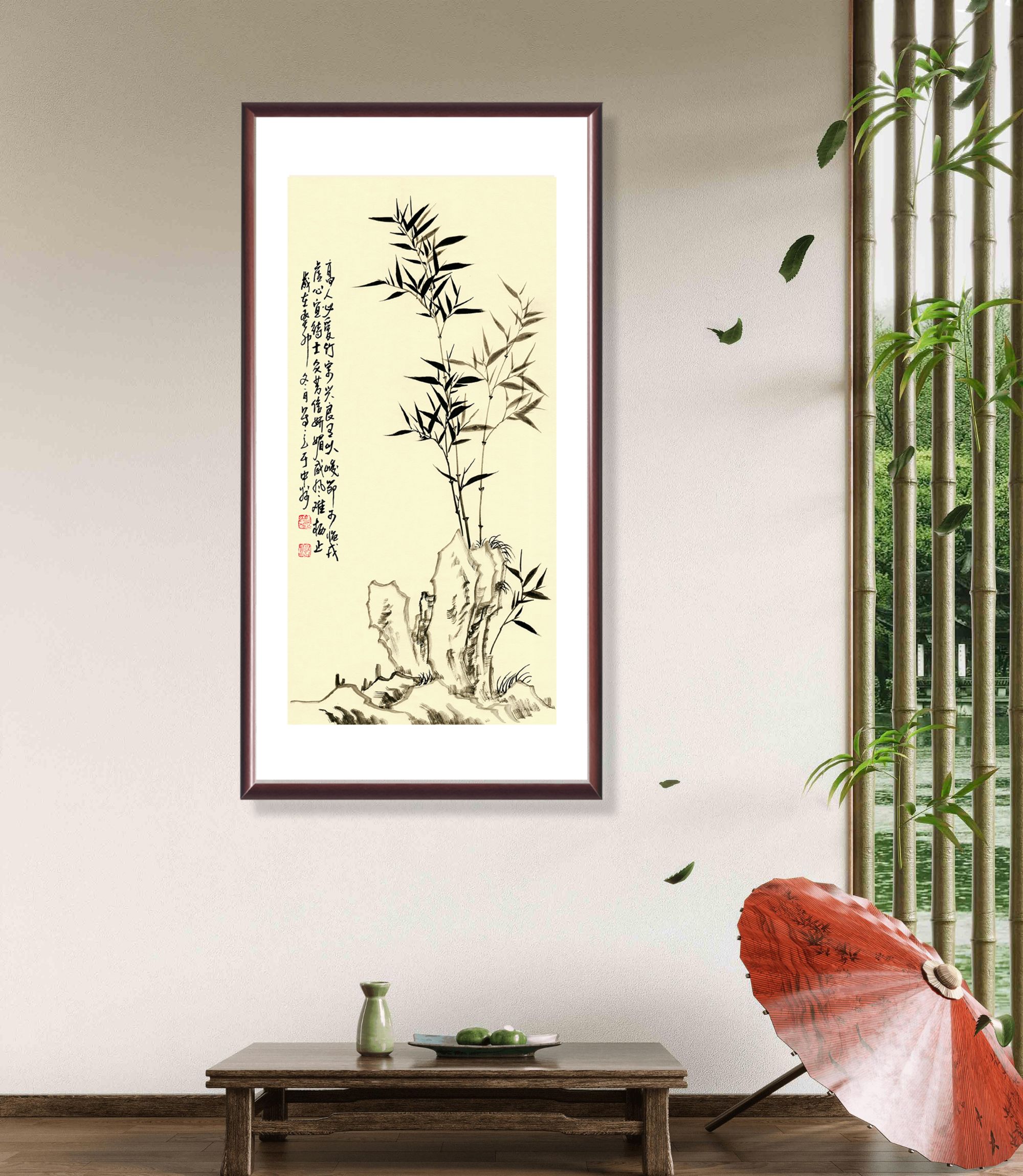 新中式带框装裱玄关《竹韵》微喷复刻办公室客厅挂画卧室实木画框