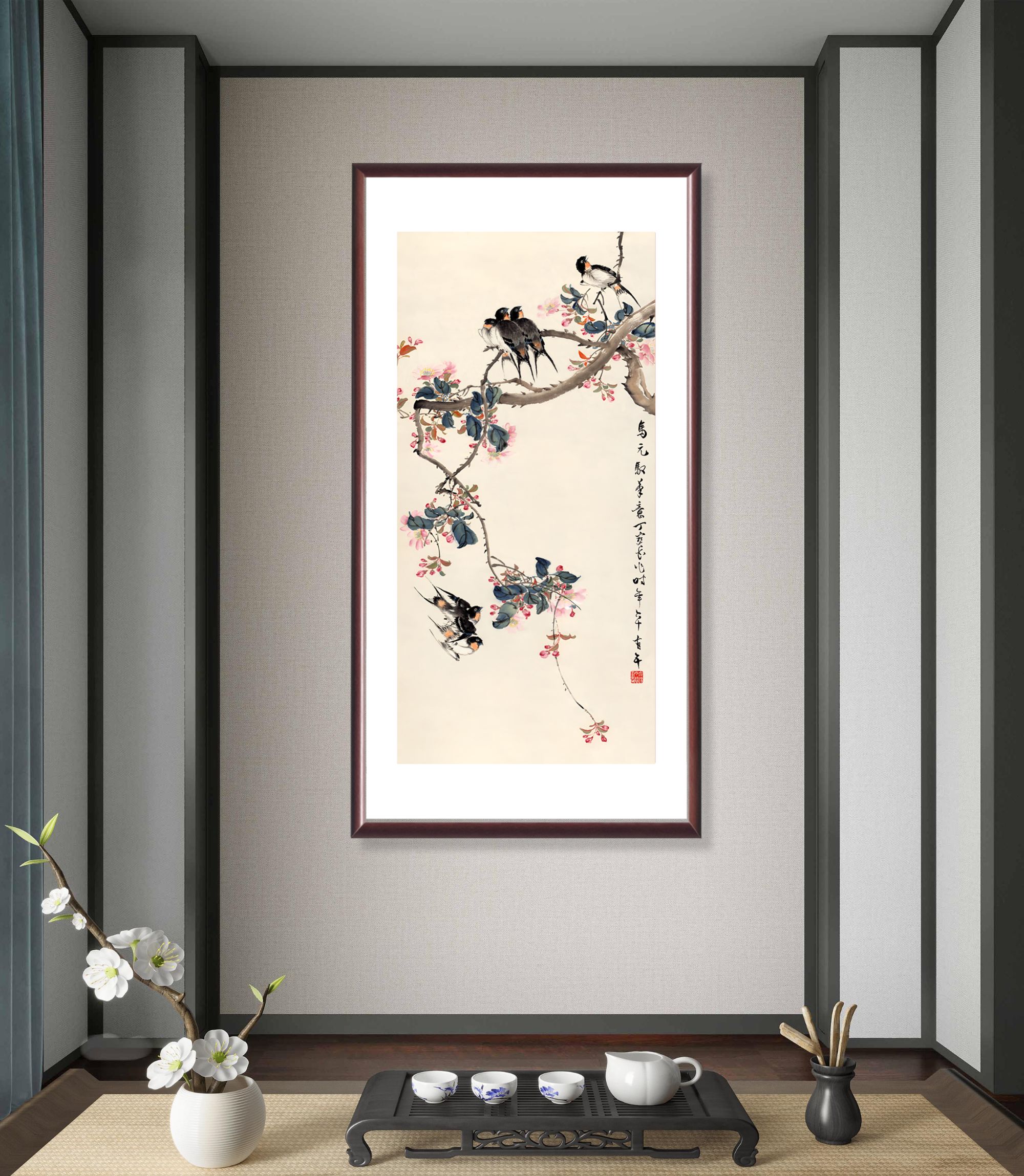 新中式带框装裱玄关《春燕报喜》微喷复刻办公室客厅书房字画挂墙