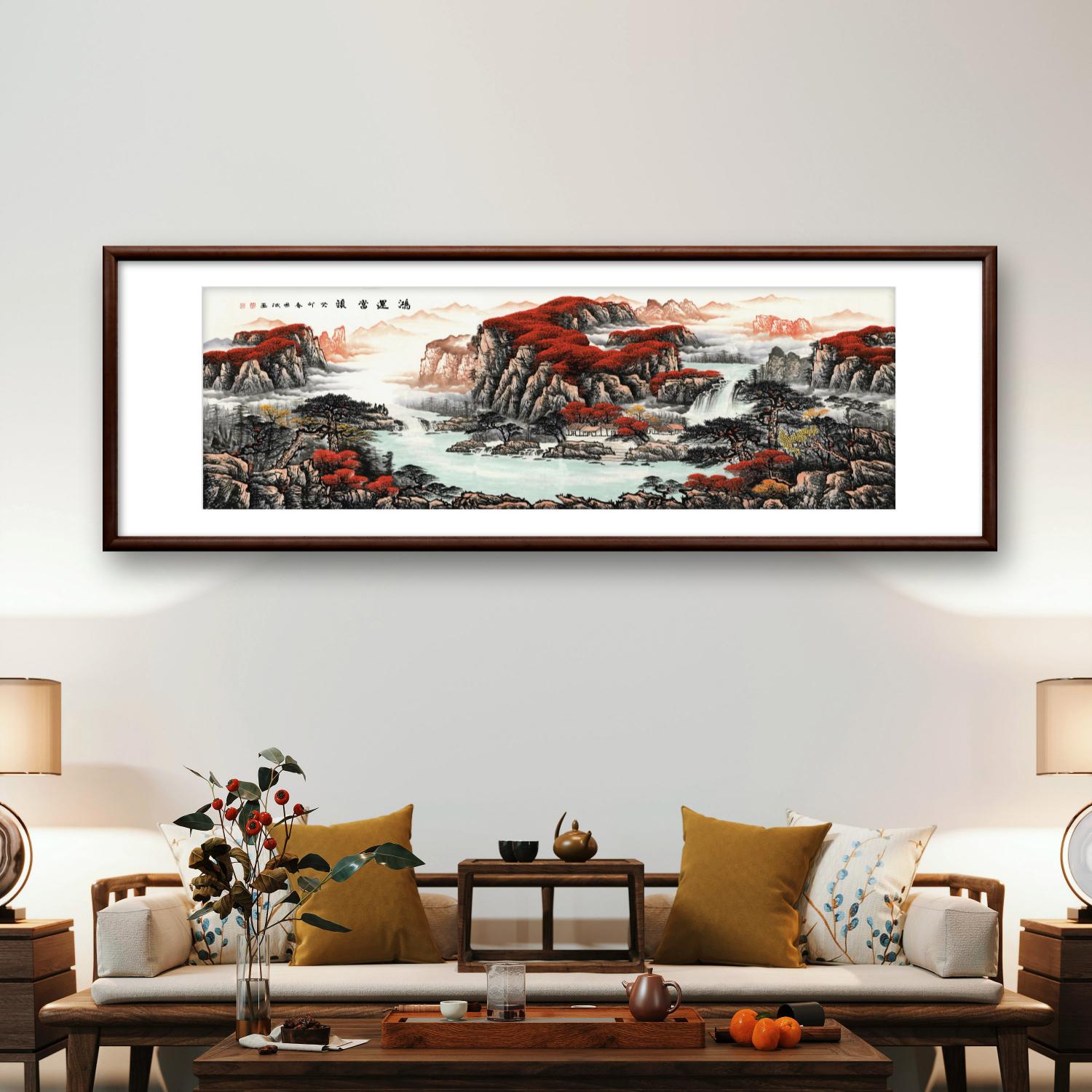 沙发山水挂画客厅山水聚财靠山中式图网红家居装饰品