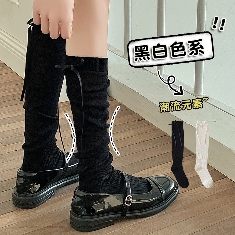 竹棉双针蝴蝶丝带小腿袜长筒袜瘦腿jk潮搭乐福鞋透气女袜