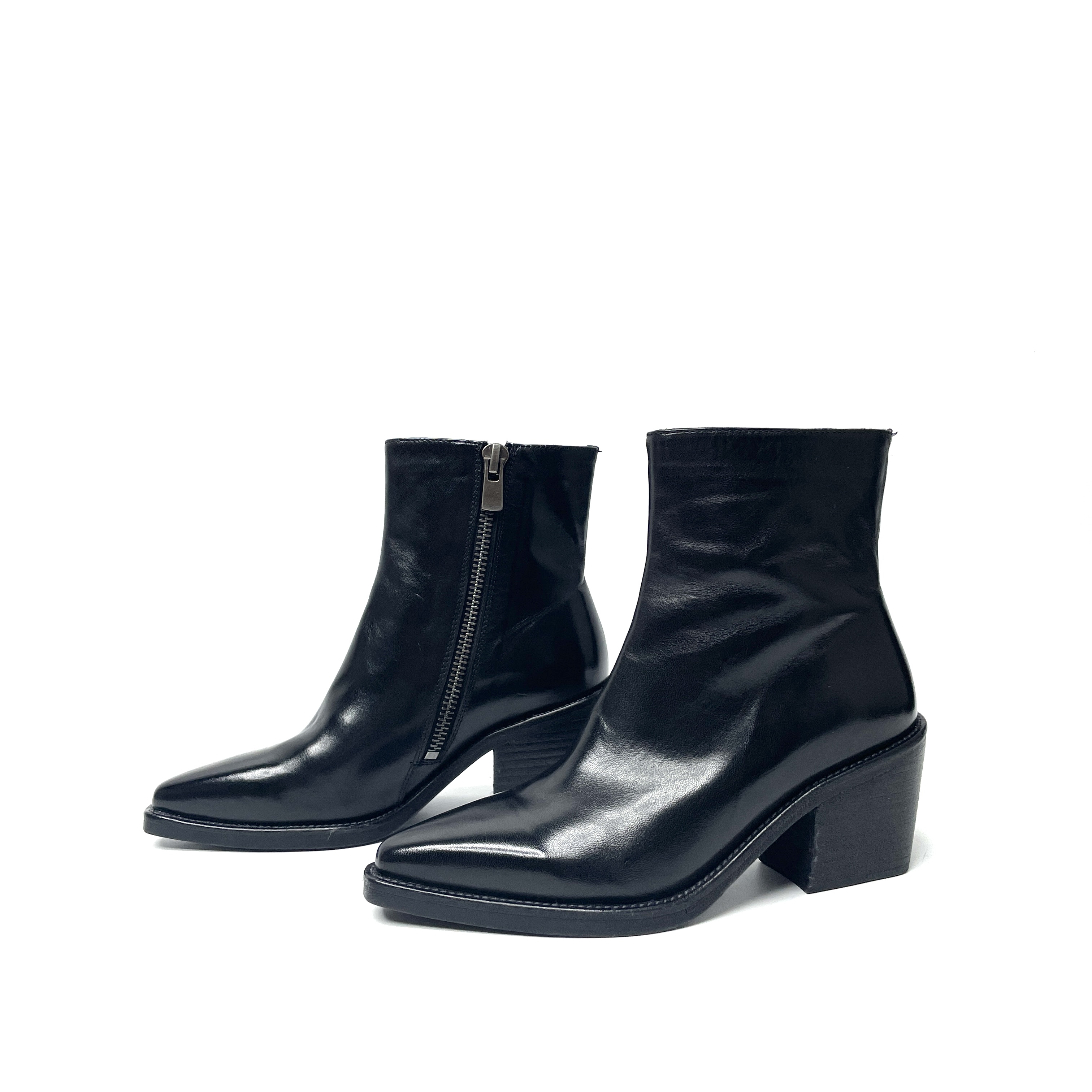 秋冬新款水洗马皮高跟尖头短靴女瘦瘦靴粗跟坡跟女靴切尔西靴1006