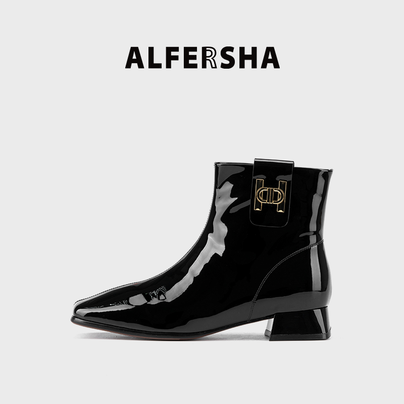 2025春款阿芙莎广系联名款3320630新款粗跟方头加绒女士短靴D