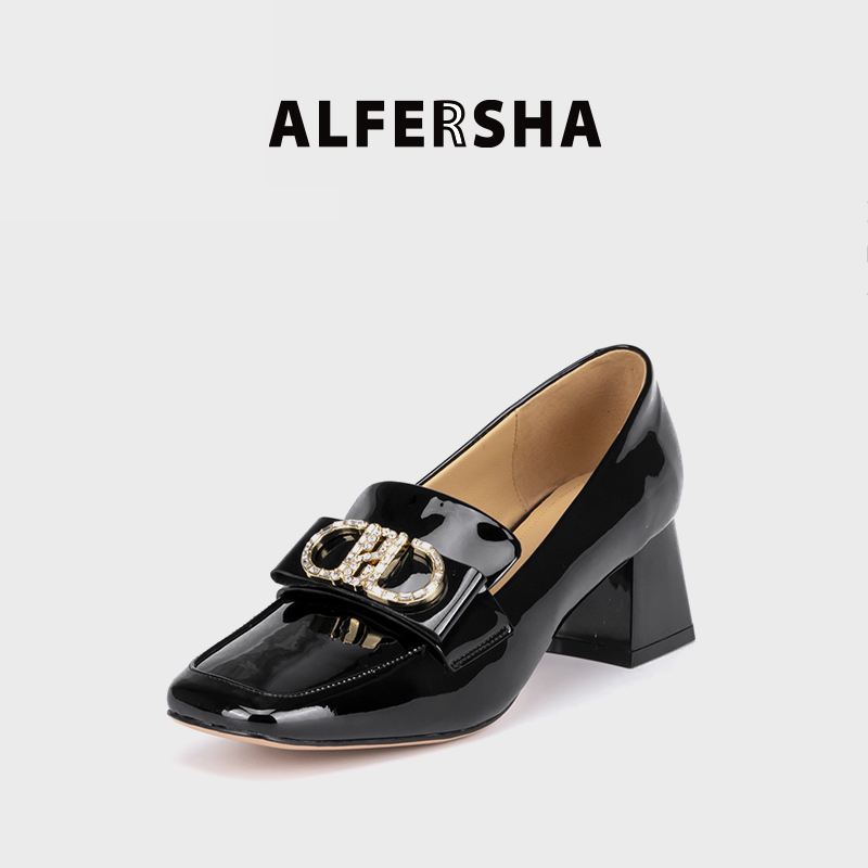 2025春款阿芙莎广系联名款3320517百搭水钻金属扣方头粗跟单鞋D