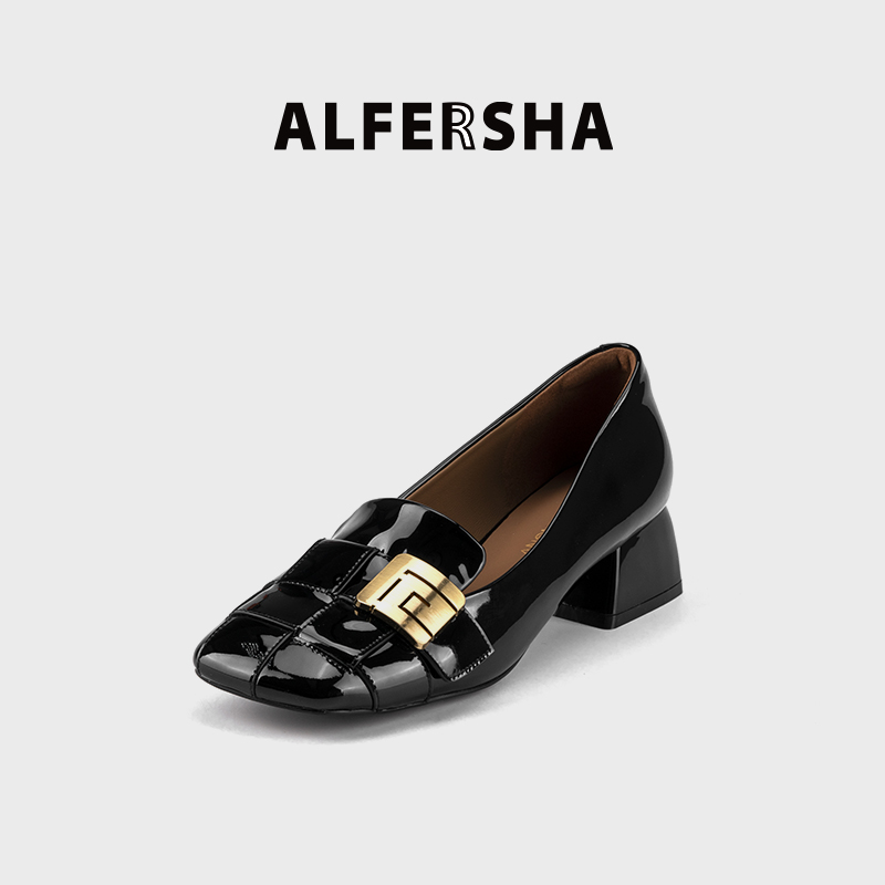 2025春款阿芙莎广系联名9688510百搭金属扣浅口方头编织粗跟单鞋D