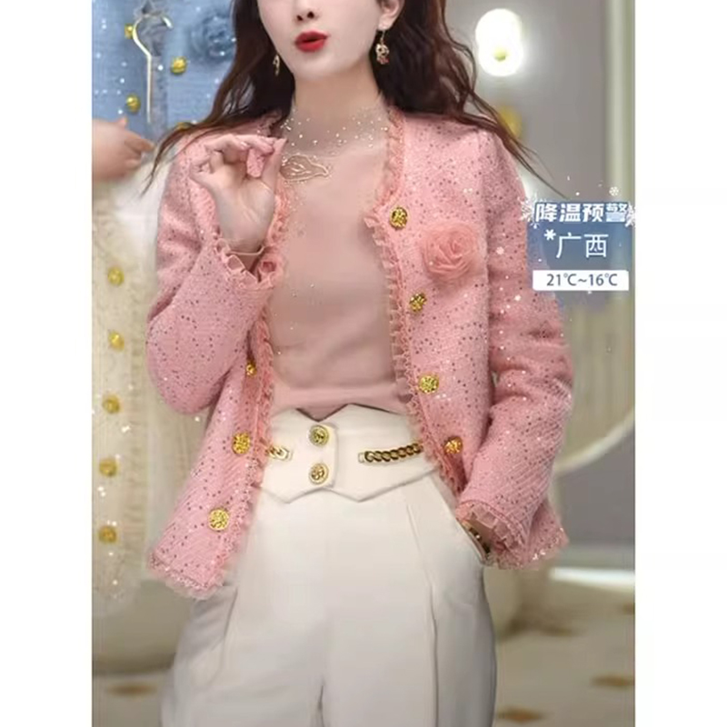 高级感粉色名媛小香风外套女春季新款立体花朵圆领开衫短款上衣