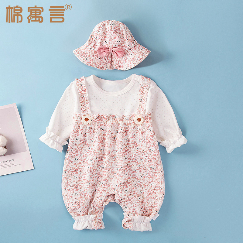 薄款假两件婴儿连体衣春秋季纯棉女宝宝哈衣洋气碎花长袖空调爬服