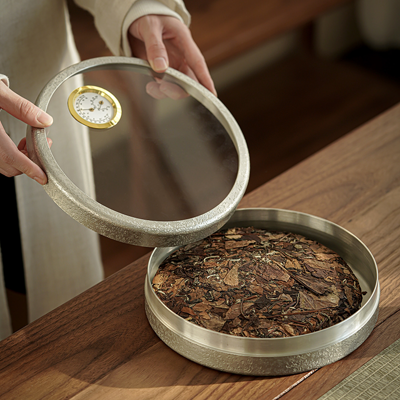 了然纯锡茶叶罐温湿度显示透明单饼装普洱白茶饼收纳盒密封罐锡器